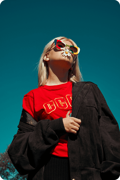 Model in red and black outfit